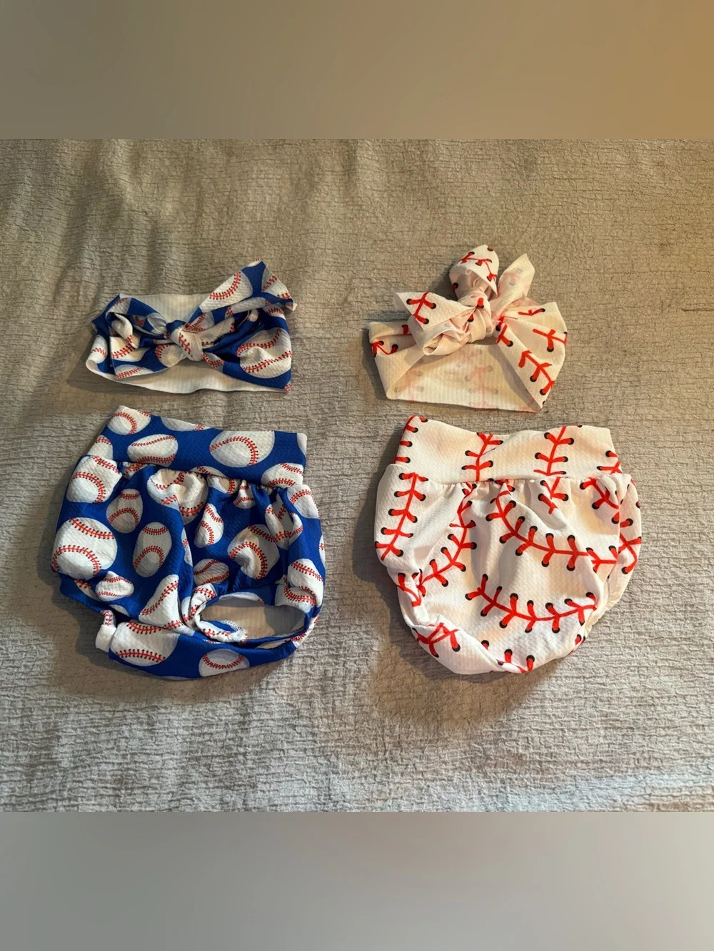 Baseball Print Baby Bloomers and Bow Set - Blue & White